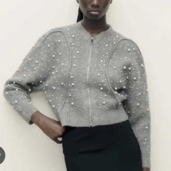 Zara Sweaters - Zara Gray Pearl Trim bomber Cardigan size small